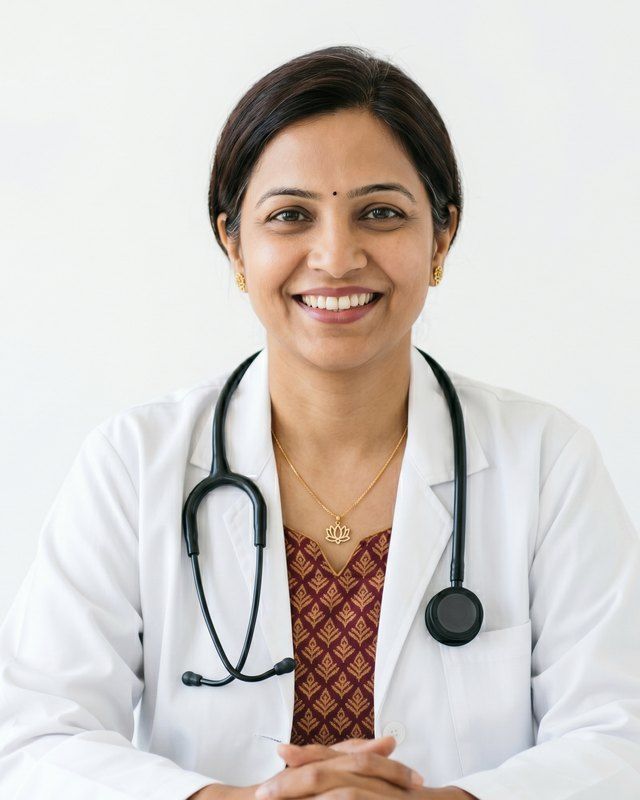 A doctor in a white coat with a stethoscope around her neck, seated and smiling.