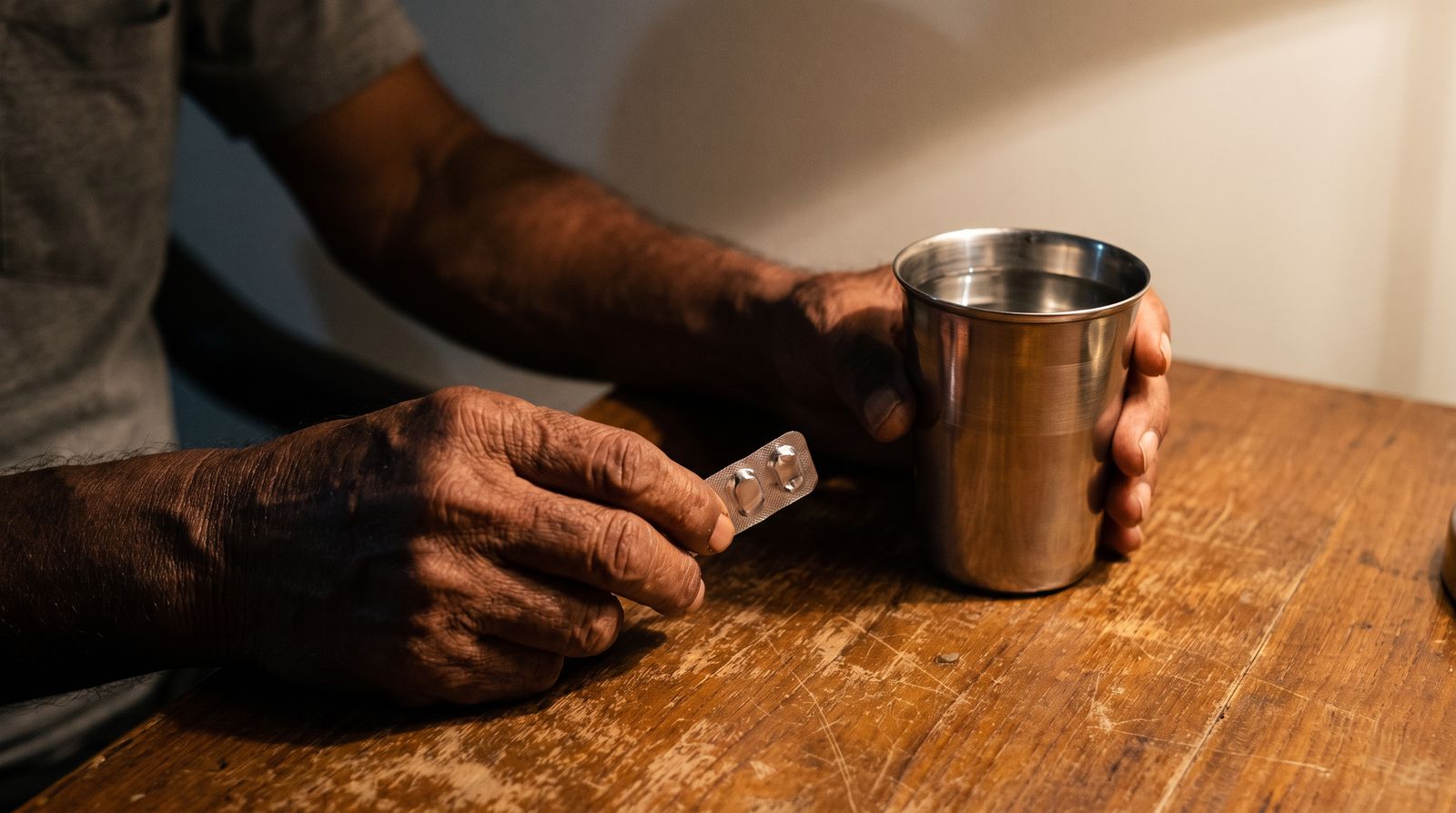 An older man's hands rest on a wooden table beside a strip of tablets and a steel tumbler of water.