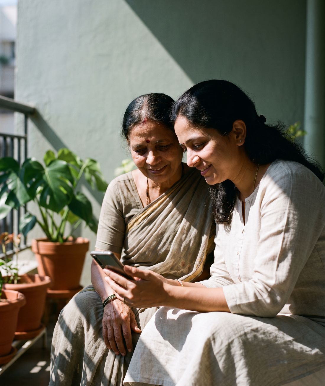 An older woman and her adult daughter sit together on a sunlit balcony, looking at a phone the daughter is holding.
