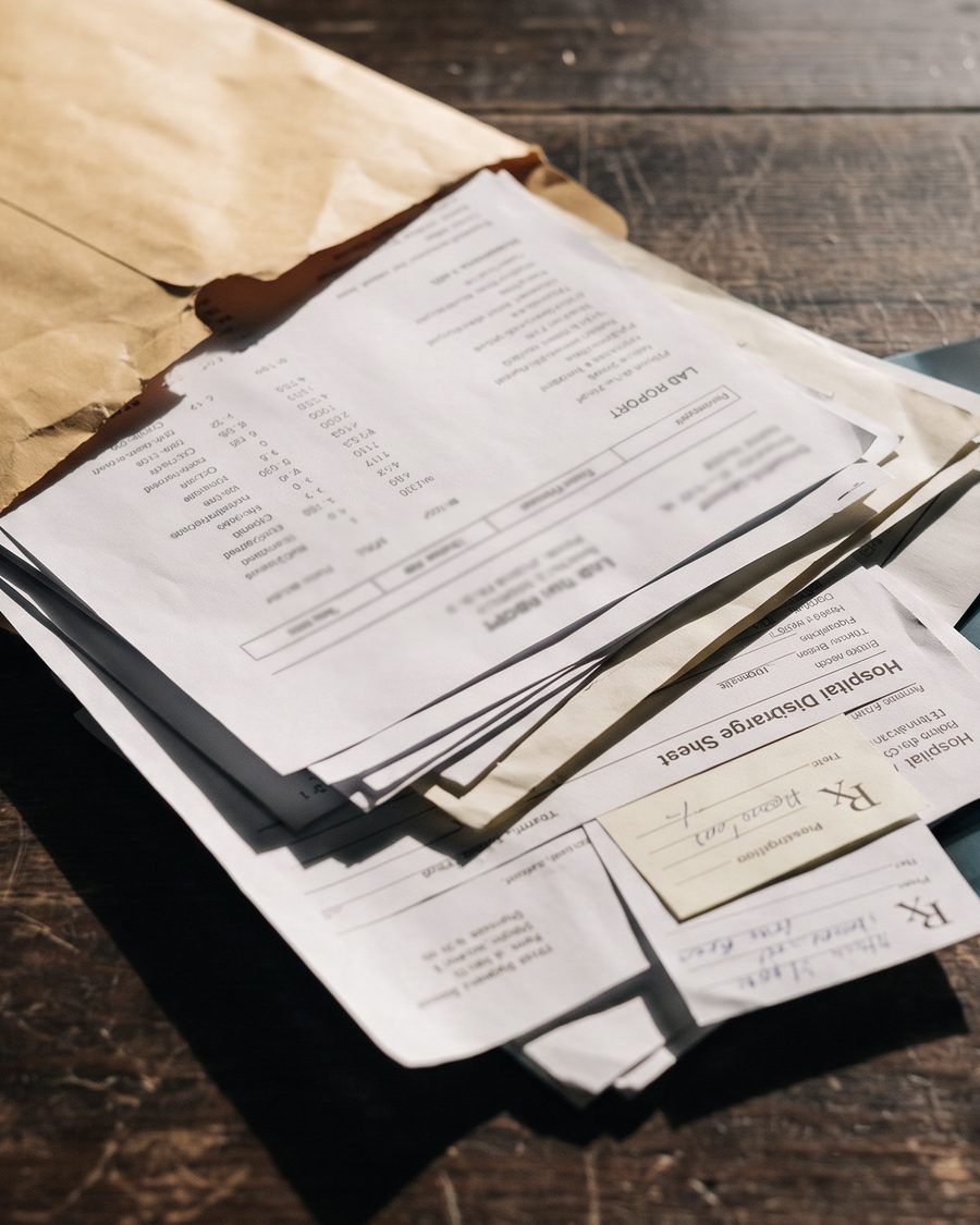 A manila envelope on a wooden table, spilling a loose stack of lab reports, discharge sheets and handwritten prescription slips.